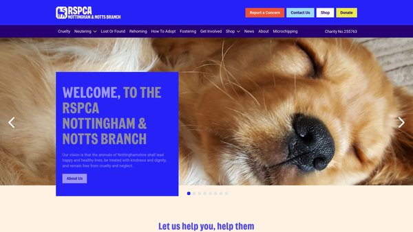 Screenshot of the Royal Society For The Prevention Of Cruelty To Animals Nottingham And Notts Branch website