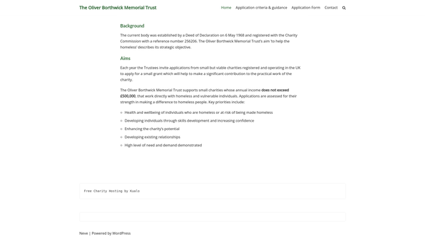 Screenshot of the The Oliver Borthwick Memorial Trust website
