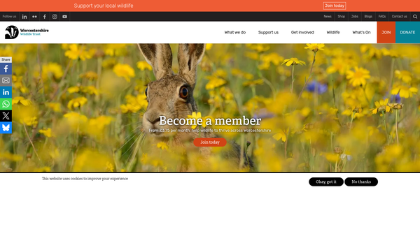 Screenshot of the Worcestershire Wildlife Trust website