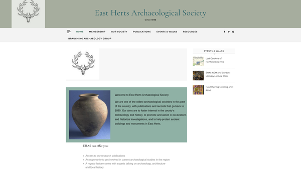 Screenshot of the East Herts Archaeological Society website