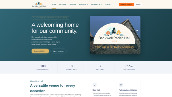 Screenshot of the Backwell Parish Hall website