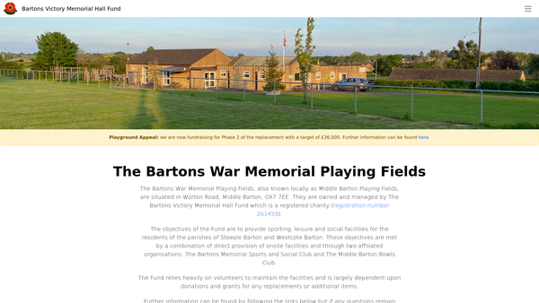 Screenshot of the The Bartons Victory Memorial Hall Fund website