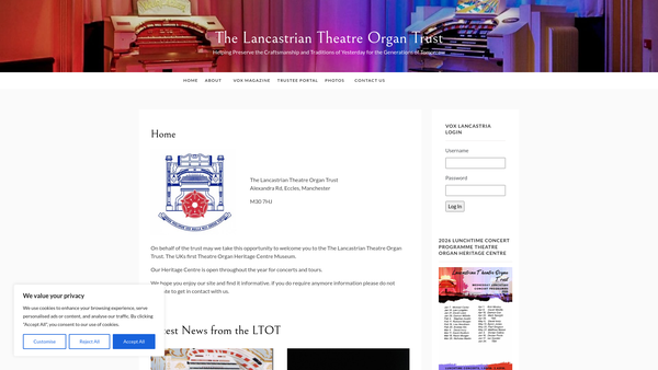 Screenshot of the The Lancastrian Theatre Organ Trust website