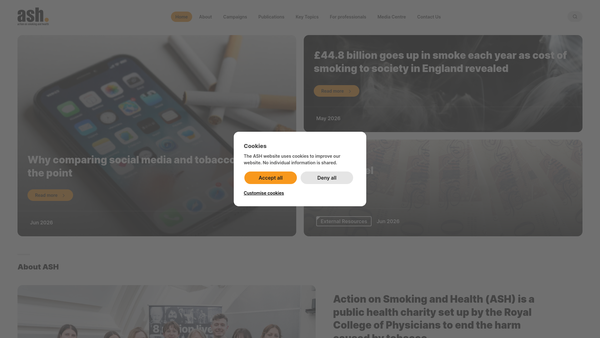 Screenshot of the Action On Smoking And Health (Ash) website