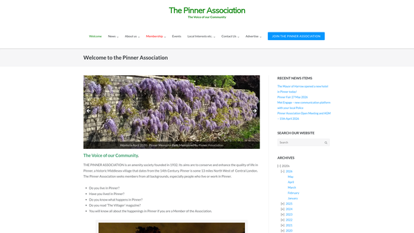 Screenshot of the The Pinner Association website