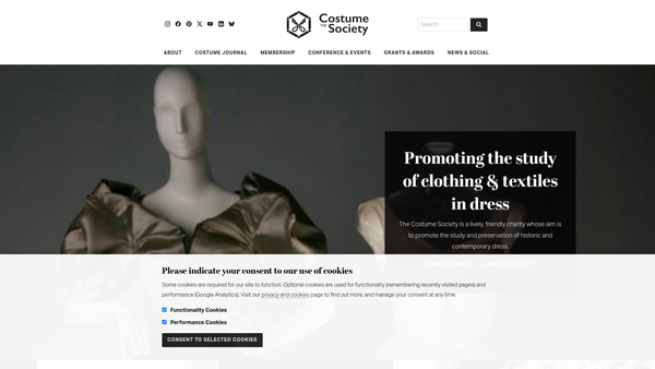 Screenshot of the The Costume Society website