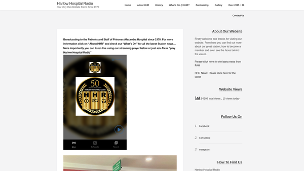Screenshot of the Harlow Hospital Radio website