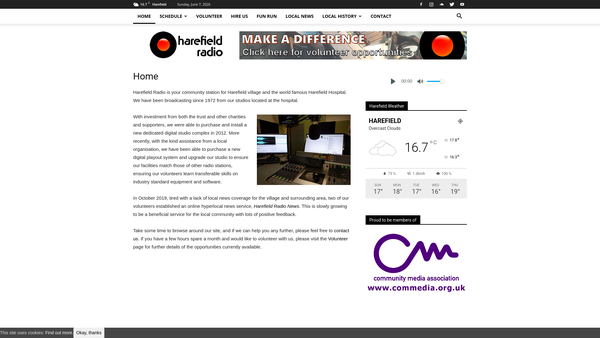 Screenshot of the Hospital Radio Harefield website
