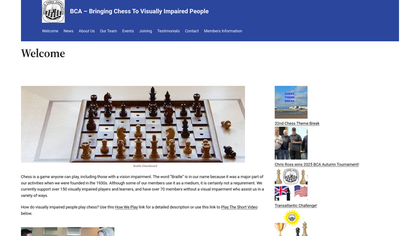 Screenshot of the Braille Chess Association website