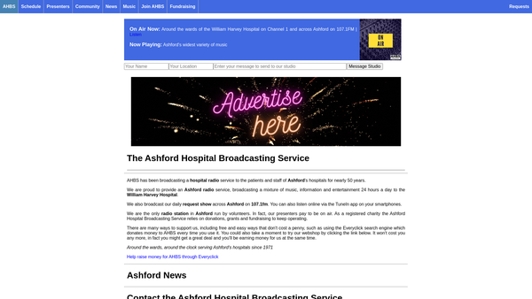 Screenshot of the The Ashford Hospital Broadcasting Service website