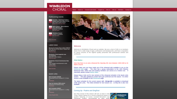 Screenshot of the Wimbledon Choral Society website