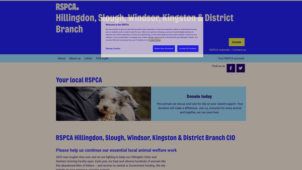 Screenshot of the Royal Society For The Prevention Of Cruelty To Animals Hillingdon, Slough, Windsor , Kingston And District Branch website