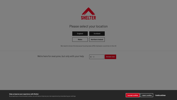 Screenshot of the Shelter, National Campaign For Homeless People Limited website
