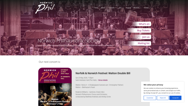 Screenshot of the The Norwich Philharmonic Society website