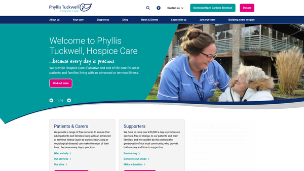 Screenshot of the Phyllis Tuckwell Memorial Hospice Ltd website