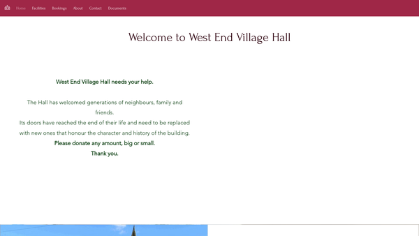 Screenshot of the West End Village Hall website