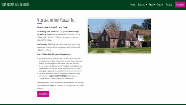 Screenshot of the Holt Village Hall website