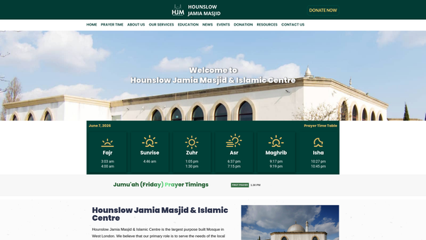 Screenshot of the Hounslow Jamia Masjid And Islamic Centre website