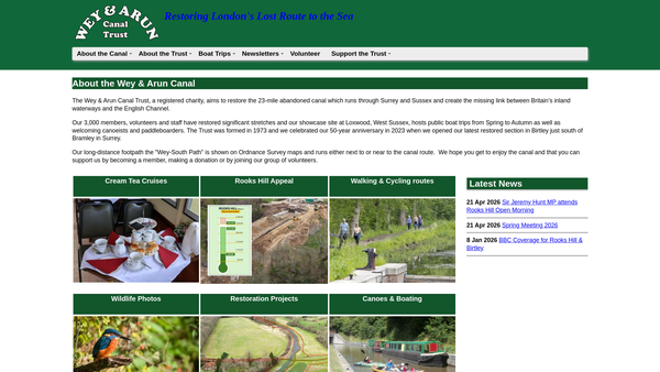 Screenshot of the The Wey And Arun Canal Trust Limited website