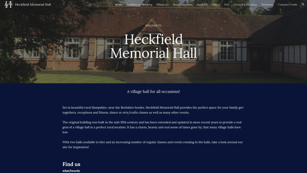 Screenshot of the Heckfield Memorial Hall website