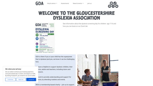 Screenshot of the The Gloucestershire Dyslexia Association website