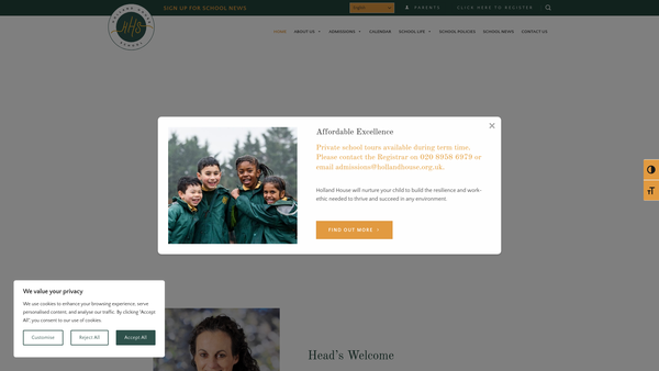 Screenshot of the Holland House School website