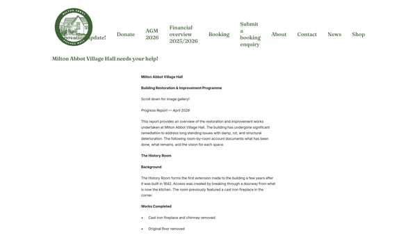 Screenshot of the Milton Abbot Village Hall website