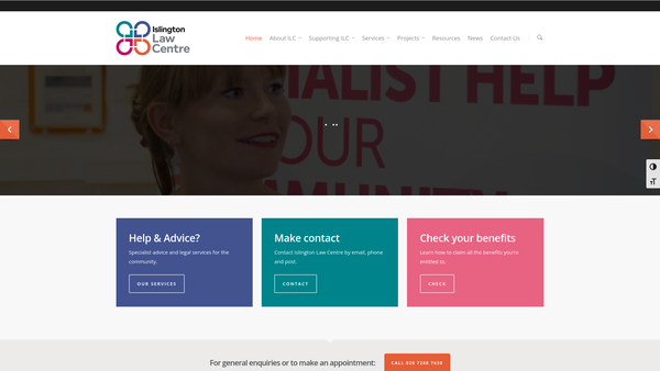 Screenshot of the Islington Law Centre website