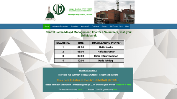 Screenshot of the Central Jamia Masjid Southall website