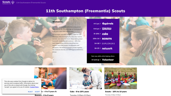 Screenshot of the 11th Southampton Scout Group website