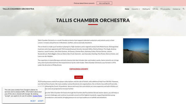 Screenshot of the The Tallis Chamber Orchestra Society website