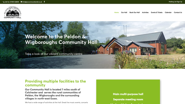 Screenshot of the Peldon & Wigboroughs Community Hall website