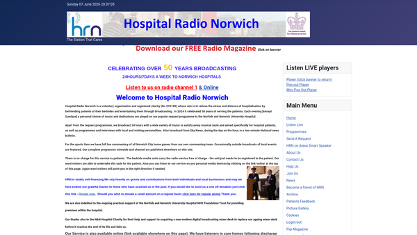 Screenshot of the Hospital Radio Norwich website
