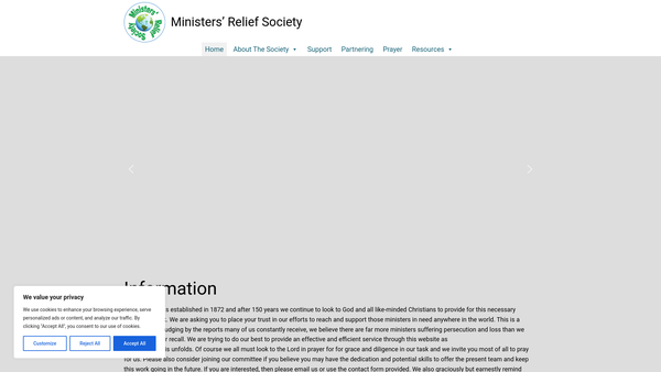 Screenshot of the Society For The Relief Of Necessitous Protestant Ministers Their Widows And Orphans (Also Known As Ministers' Relief Society) website