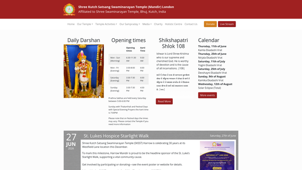Screenshot of the Shree Kutch Satsang Swaminarayan Temple (Mandir) London website