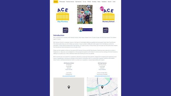 Screenshot of the ACE Nursery School (Cambridge) Limited website