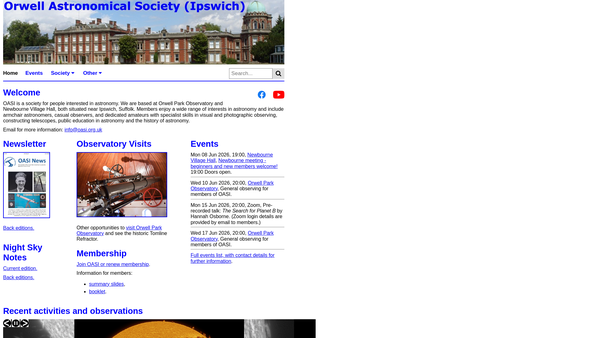 Screenshot of the Orwell Astronomical Society (Ipswich) website