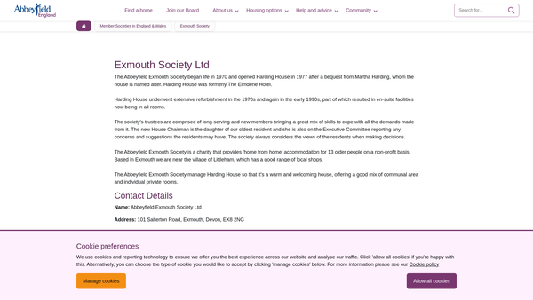 Screenshot of the Abbeyfield (Exmouth) Society Limited website