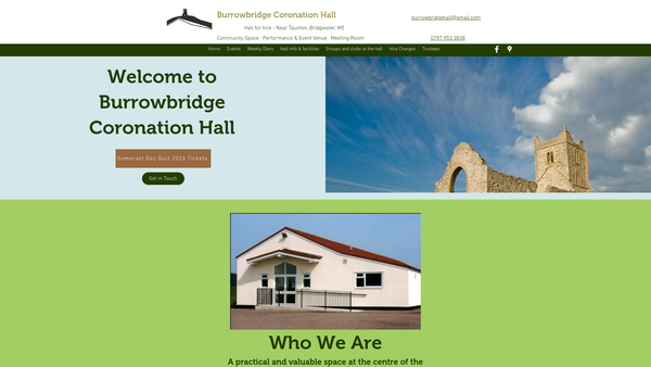 Screenshot of the Burrowbridge Coronation Hall website