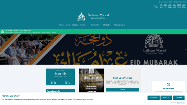 Screenshot of the Balham Mosque website