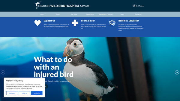 Screenshot of the Mousehole Wild Bird Hospital And Sanctuary Association Limited website