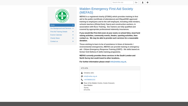 Screenshot of the Malden Emergency First Aid Society website