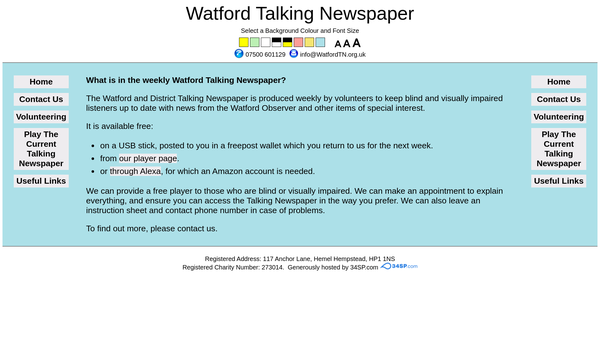 Screenshot of the The Watford And District Talking Newspaper For The Blind website
