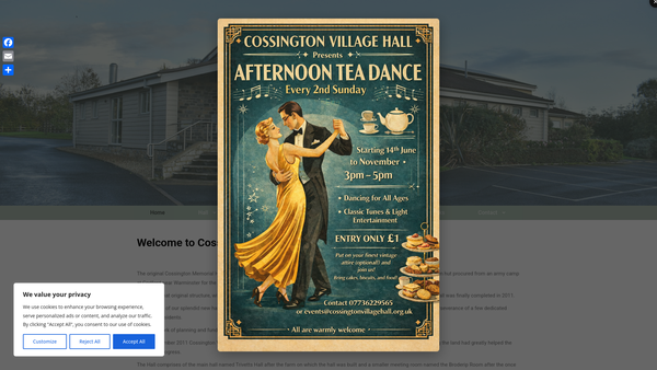 Screenshot of the Cossington Village Hall website