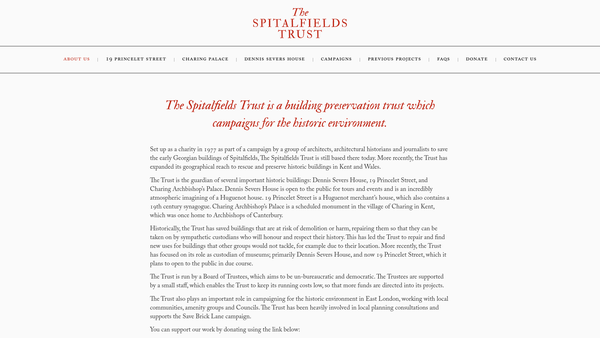 Screenshot of the Spitalfields Historic Buildings Trust Limited website