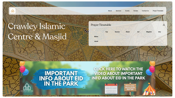 Screenshot of the Crawley Islamic Centre And Masjid website