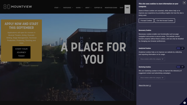 Screenshot of the Mountview Academy Of Theatre Arts Limited website