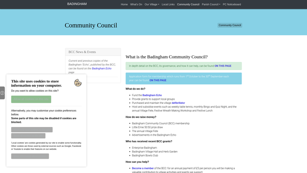 Screenshot of the The Badingham Community Council website