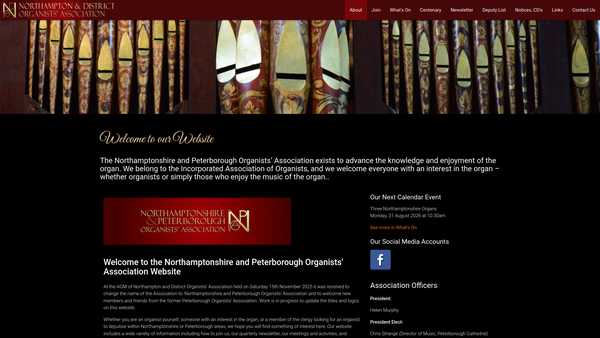 Screenshot of the Northamptonshire and Peterborough Organists' Association website