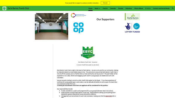 Screenshot of the Earls Barton Youth Club website